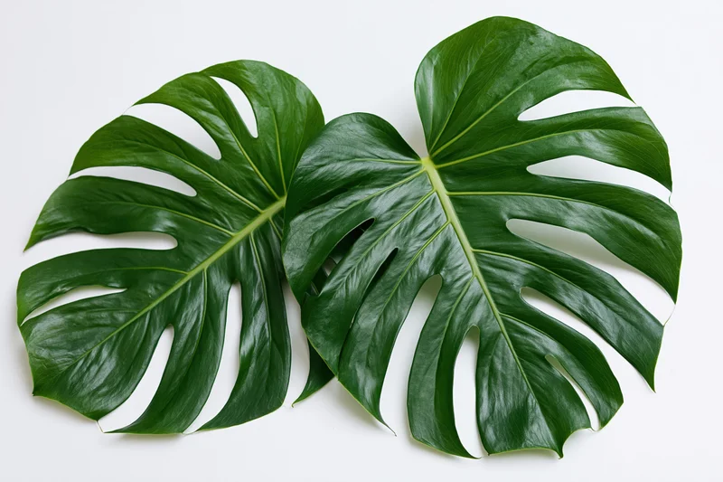 Two large monstera deliciosa leaves laid flat and overlapping on white background