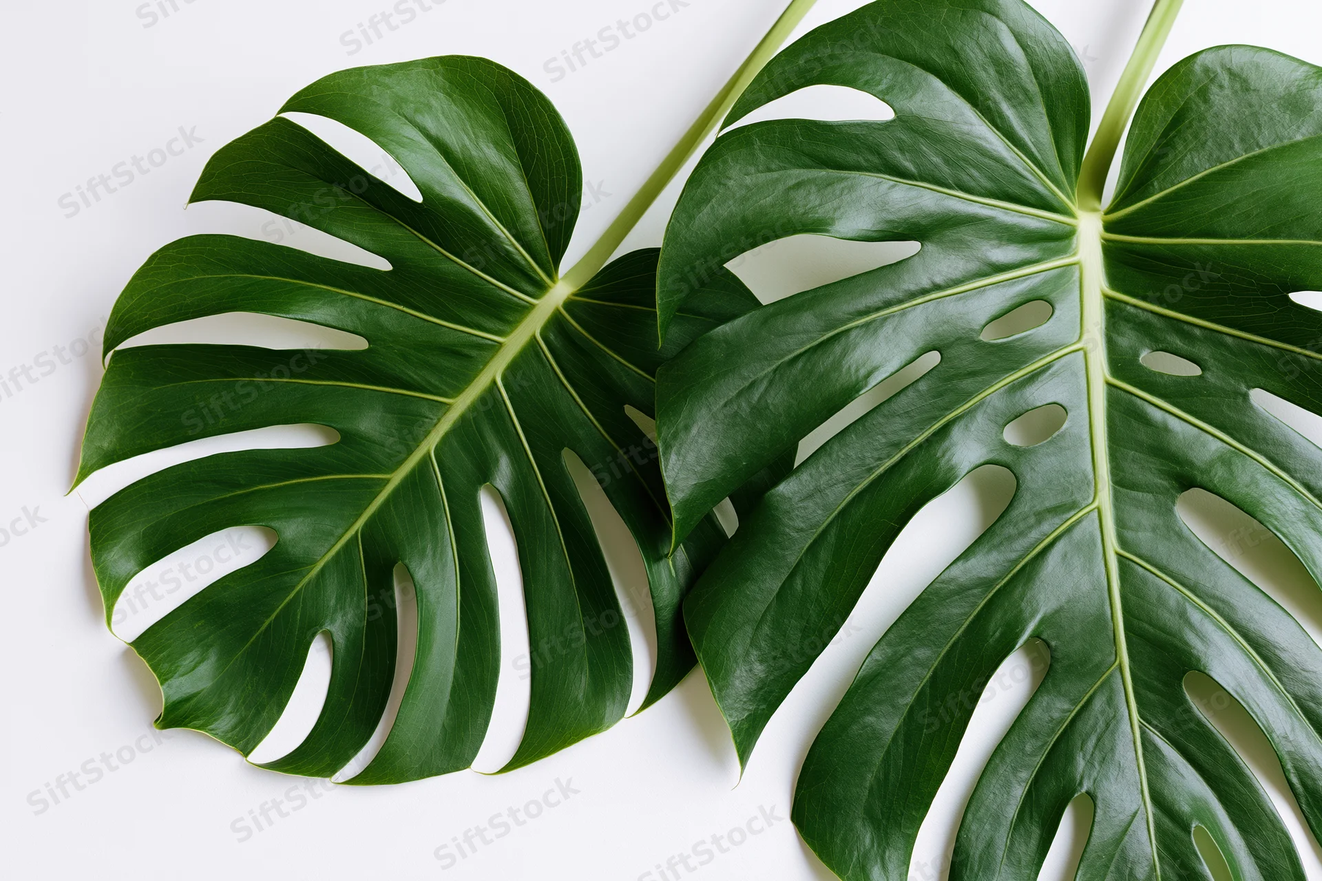 Two large monstera deliciosa leaves laid flat and overlapping on white surface