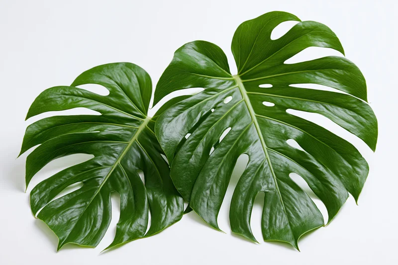 Two large monstera deliciosa leaves with natural splits and holes lying flat on white surface