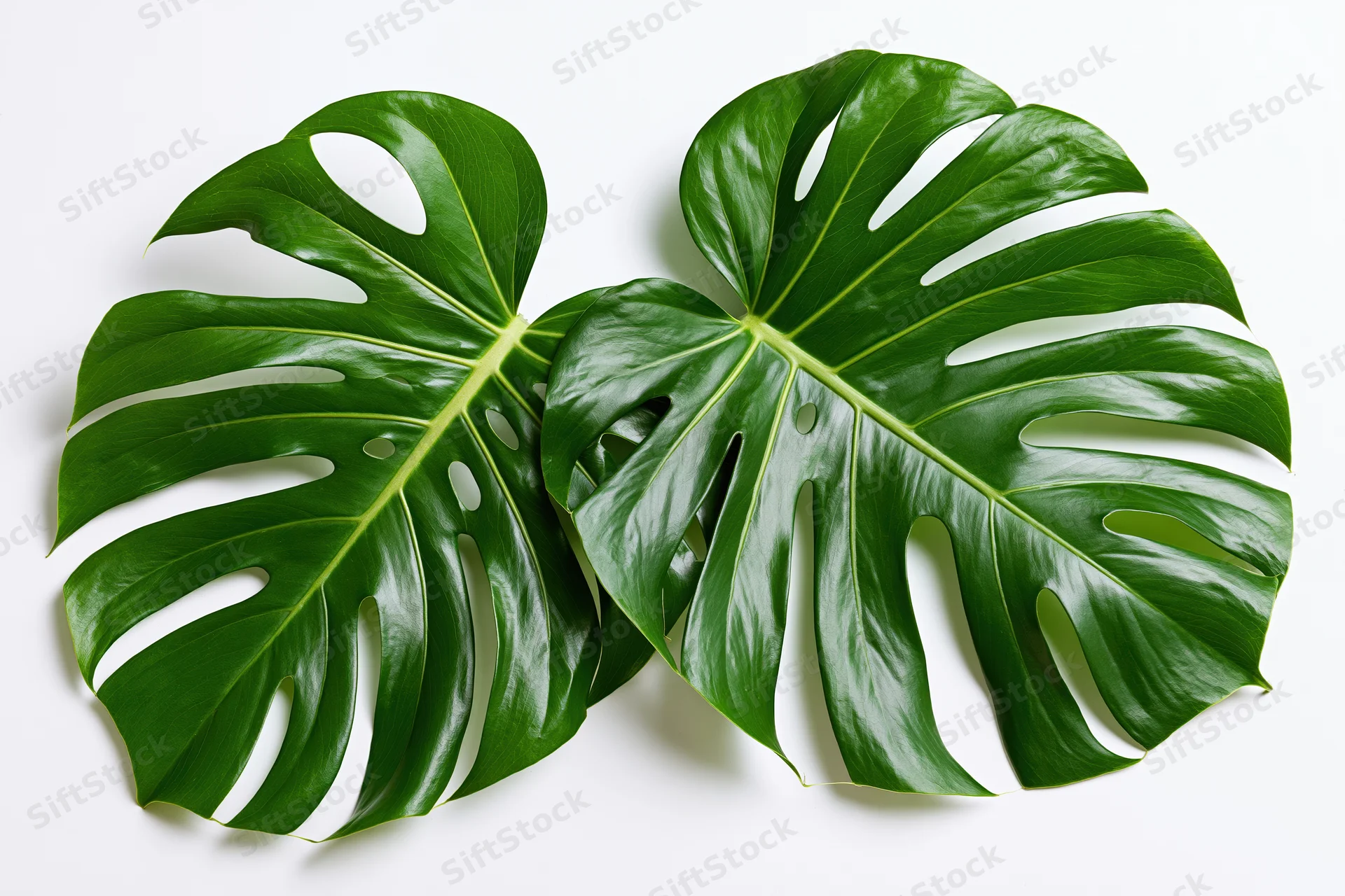 Two large monstera deliciosa leaves with fenestrations lying flat on white surface