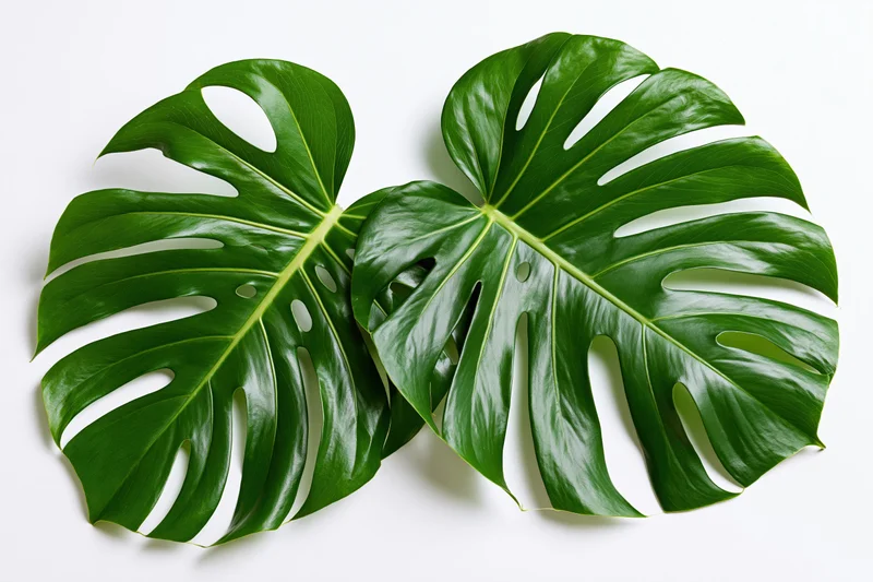 Two large monstera deliciosa leaves with fenestrations lying flat on white surface