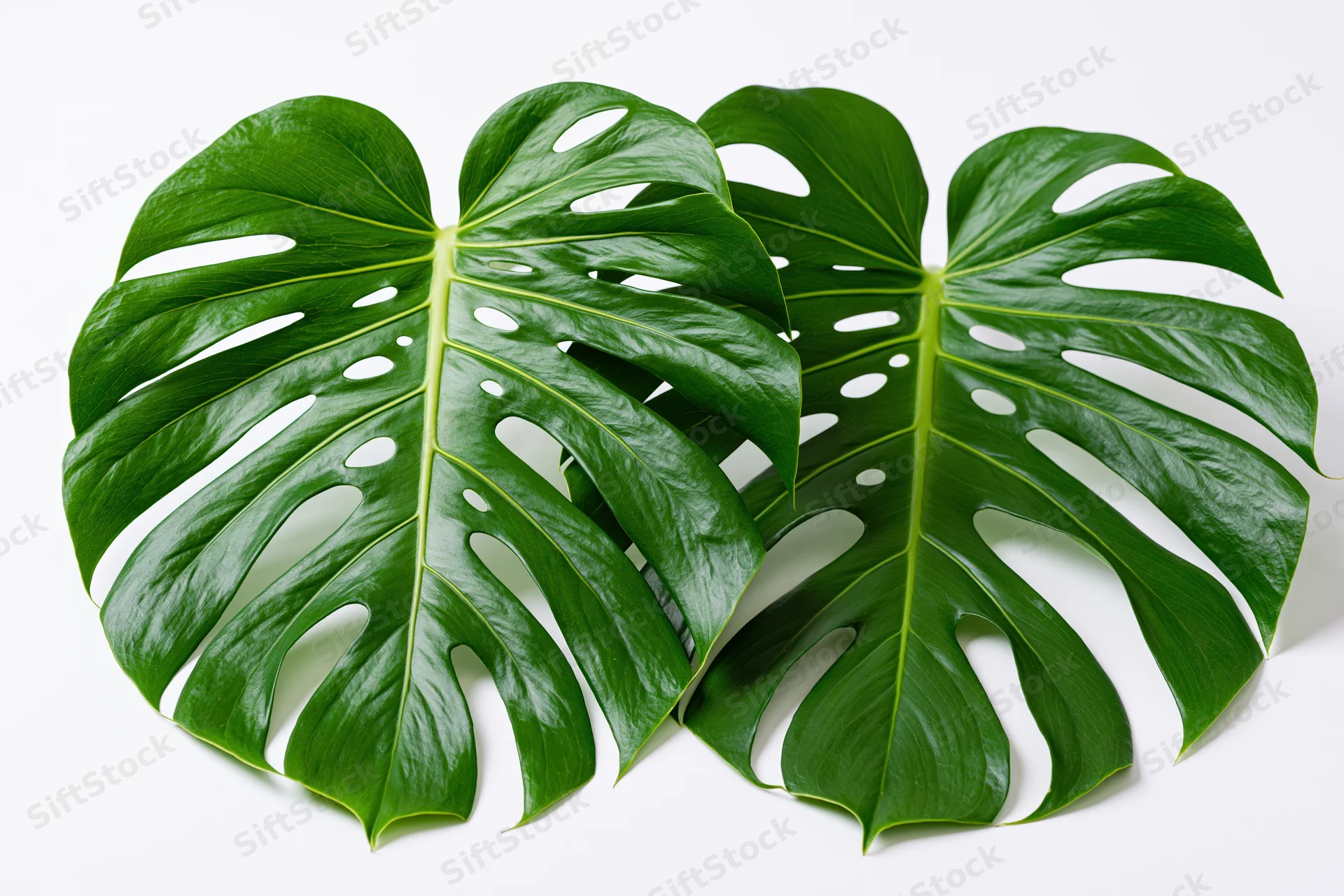 Two large monstera deliciosa leaves with natural splits and glossy green surface on white background