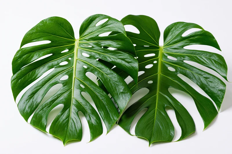 Two large monstera deliciosa leaves with natural splits and glossy green surface on white background