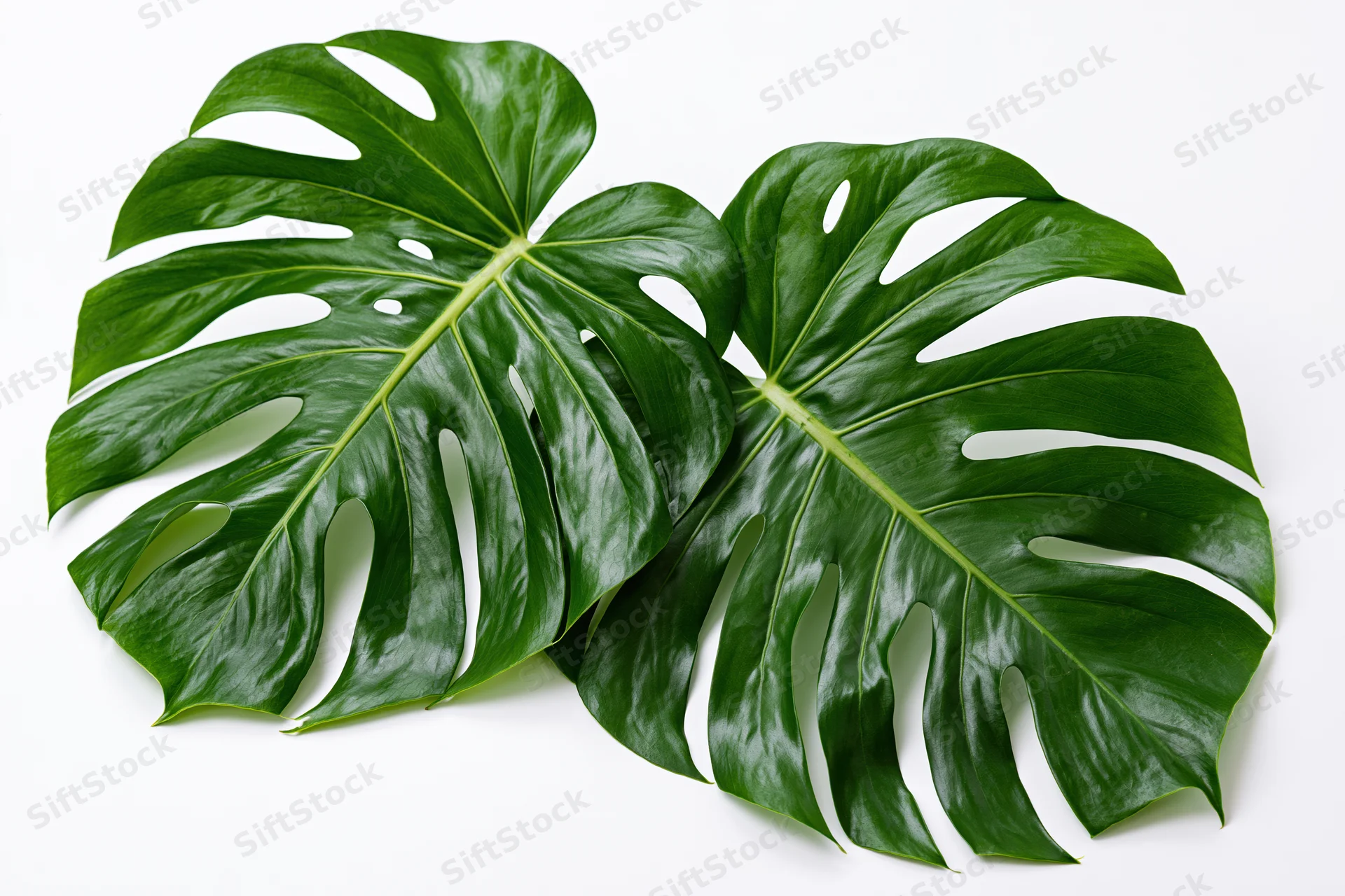 Two large monstera deliciosa leaves with fenestrations lying flat on white background