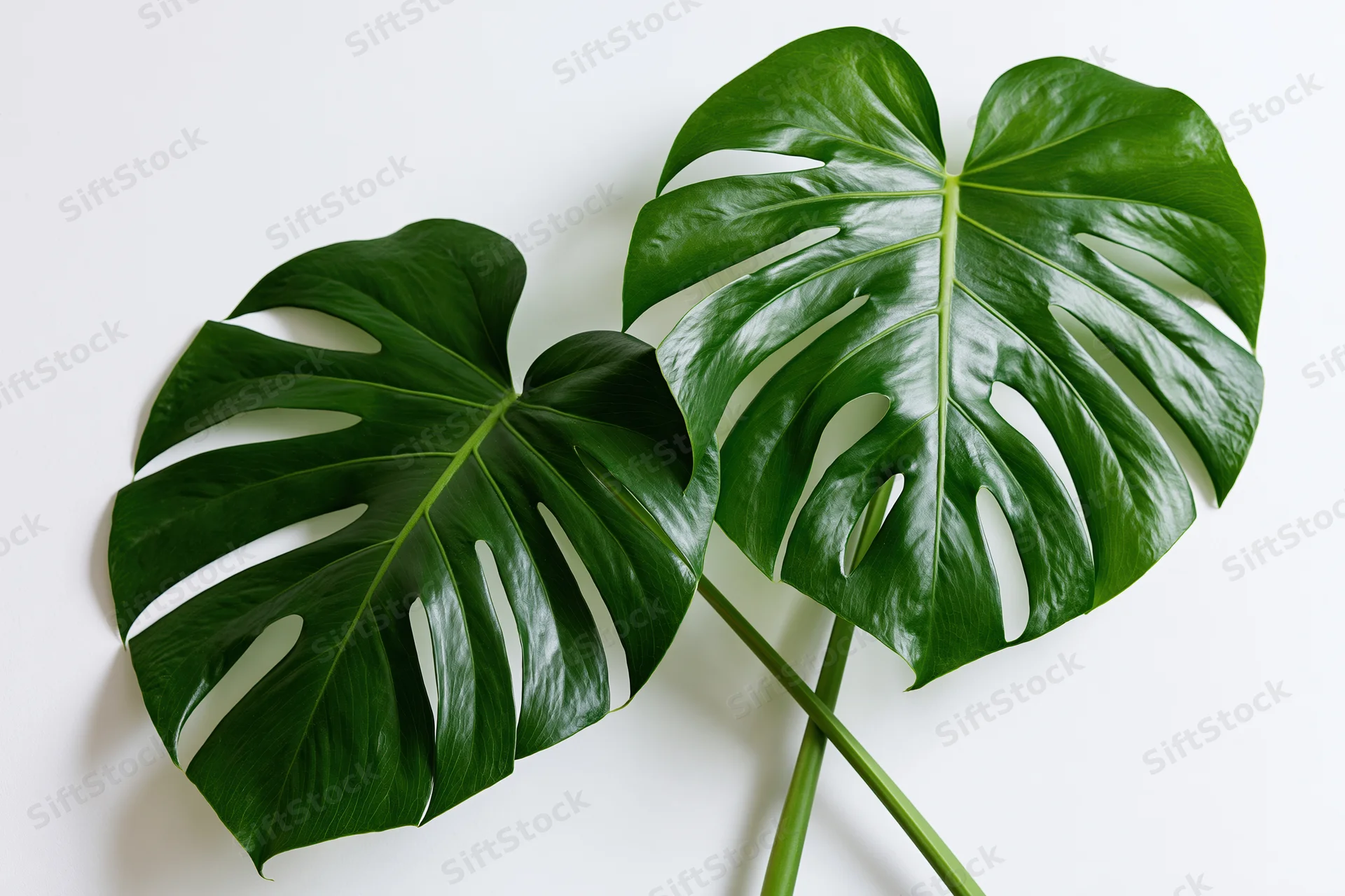 Two large monstera deliciosa leaves with splits lying flat on white surface