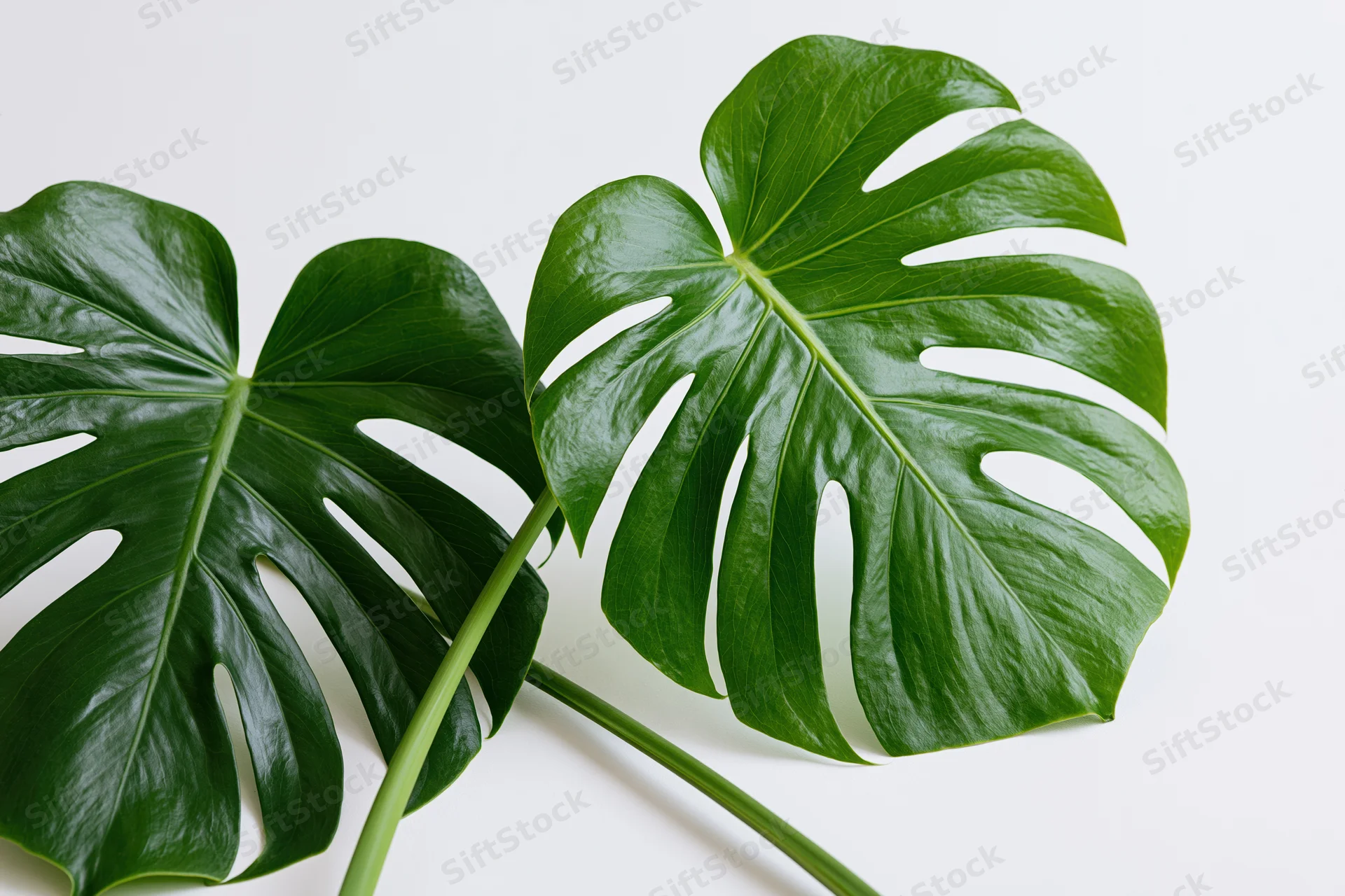 Two large monstera leaves with split edges lying flat on white surface