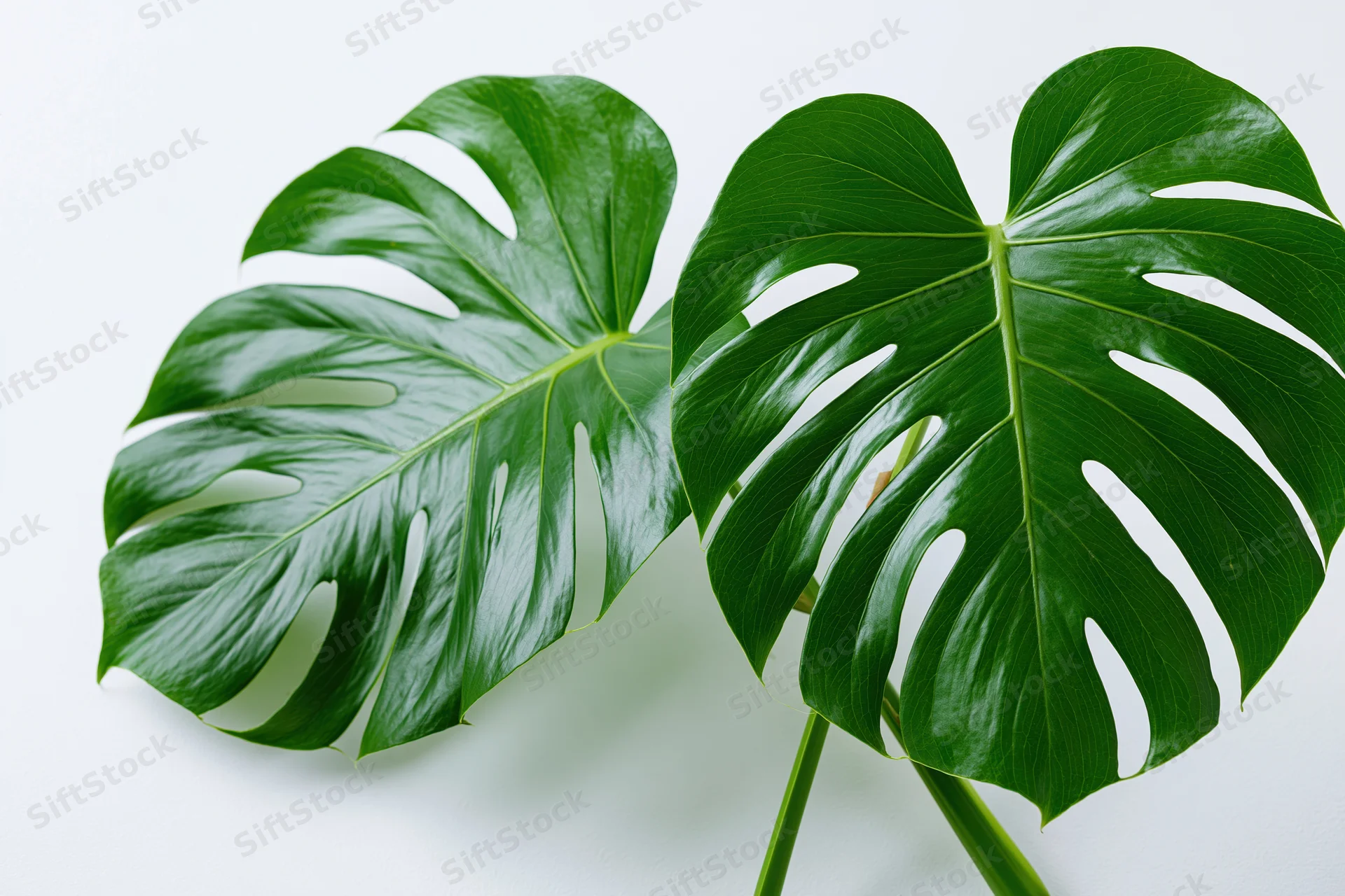 Two large monstera deliciosa leaves with splits lying on white surface
