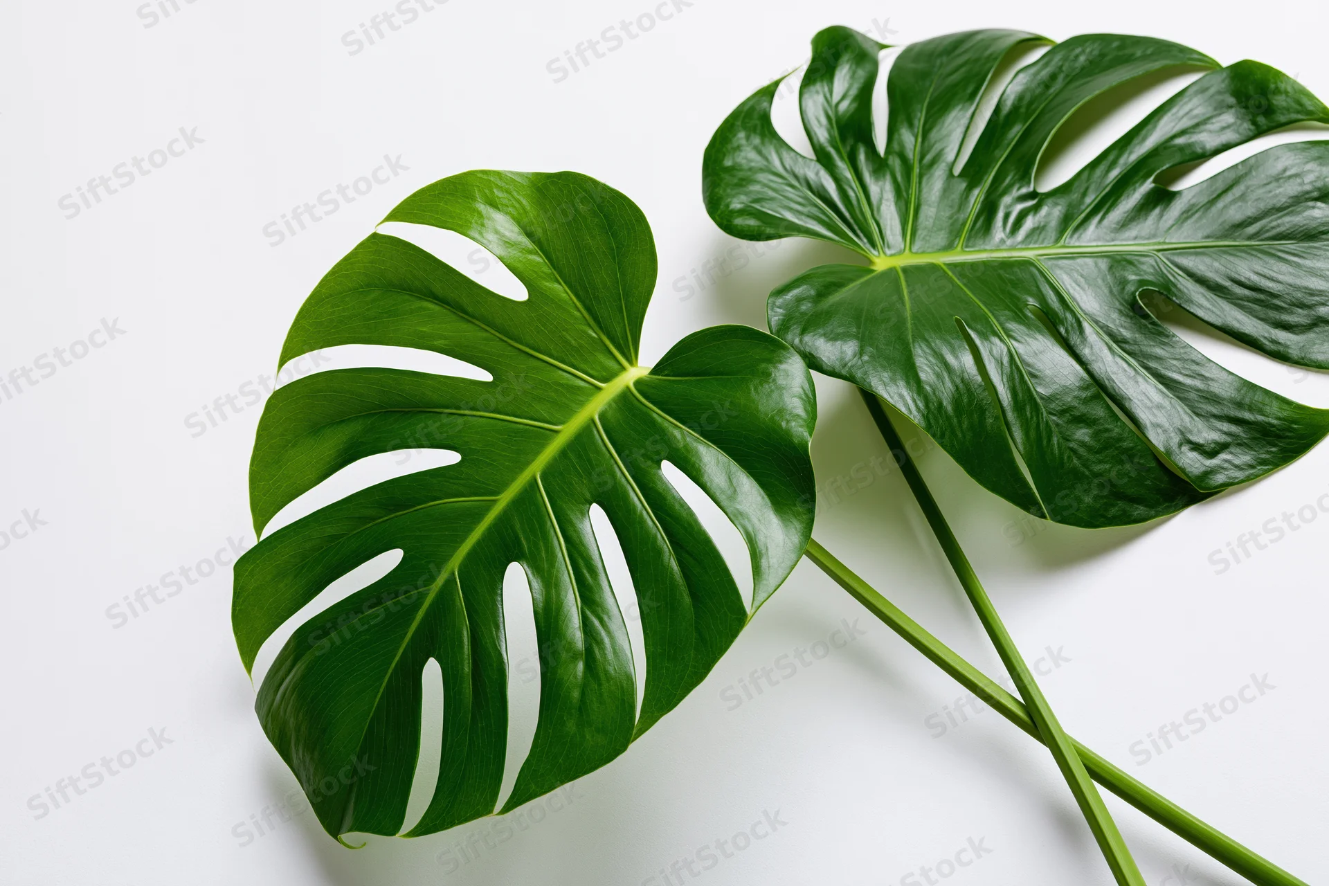 Two large monstera deliciosa leaves with split edges lying flat on white surface