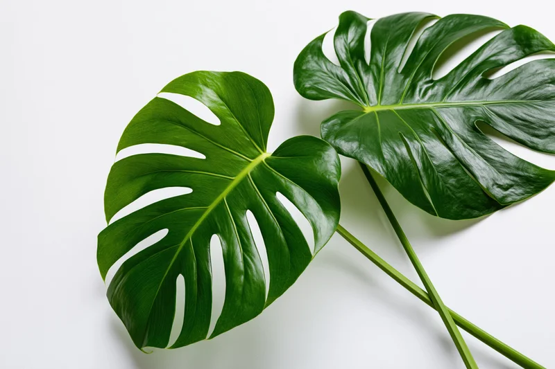 Two large monstera deliciosa leaves with split edges lying flat on white surface