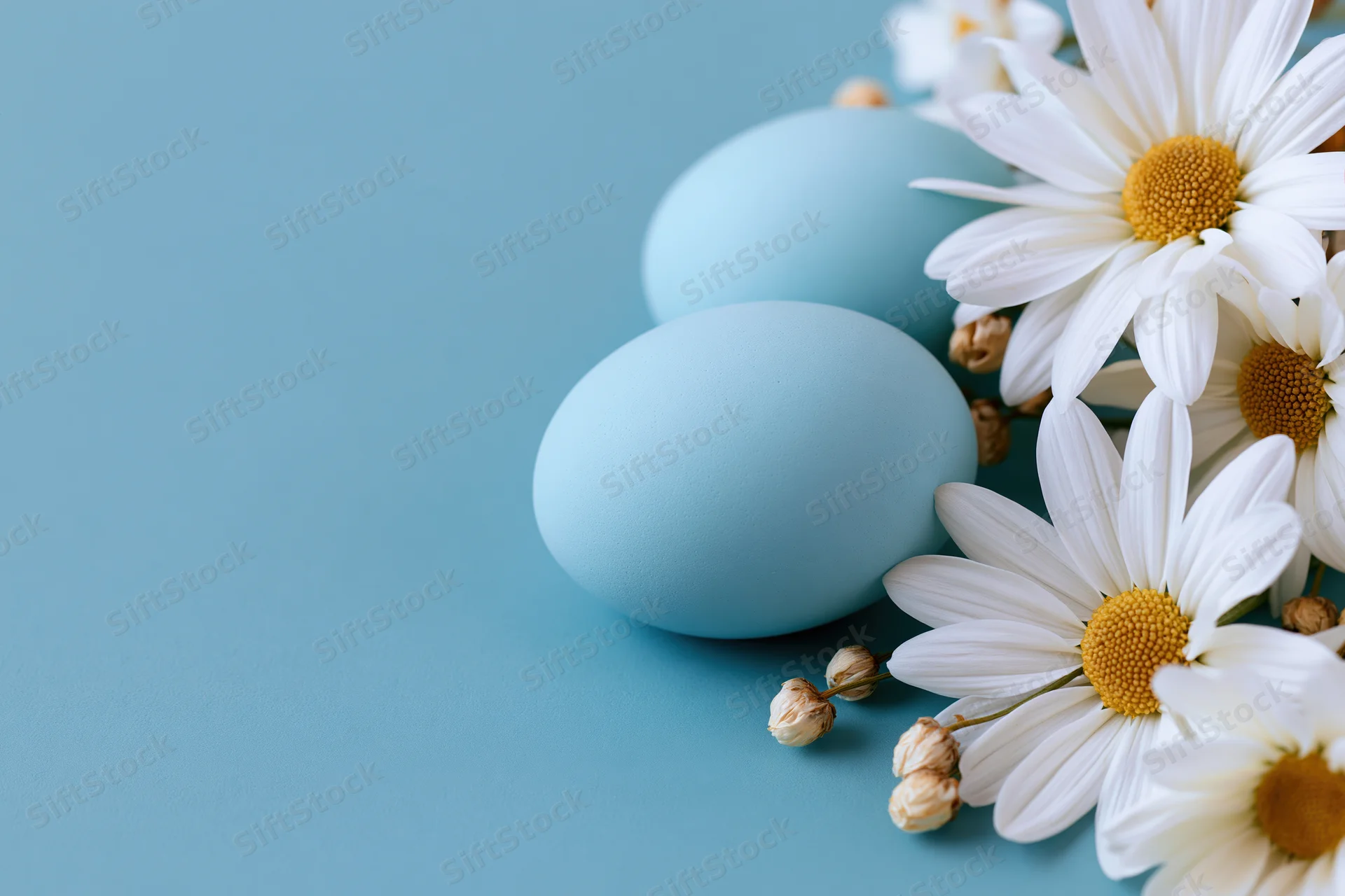 Pale blue easter eggs and white daisies arranged on a blue surface with copyspace