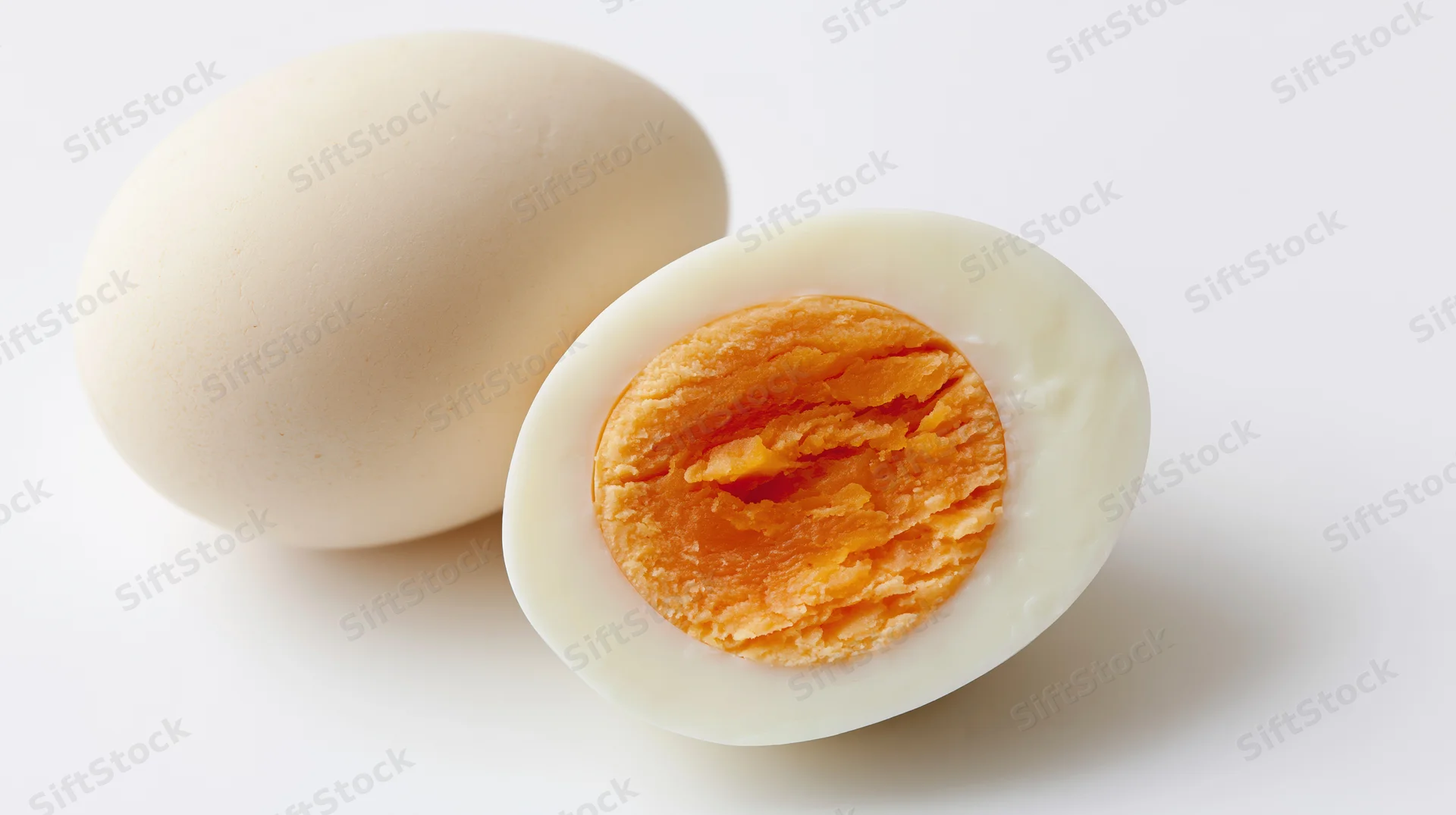 Two peeled hard-boiled eggs one whole and one halved on a white surface
