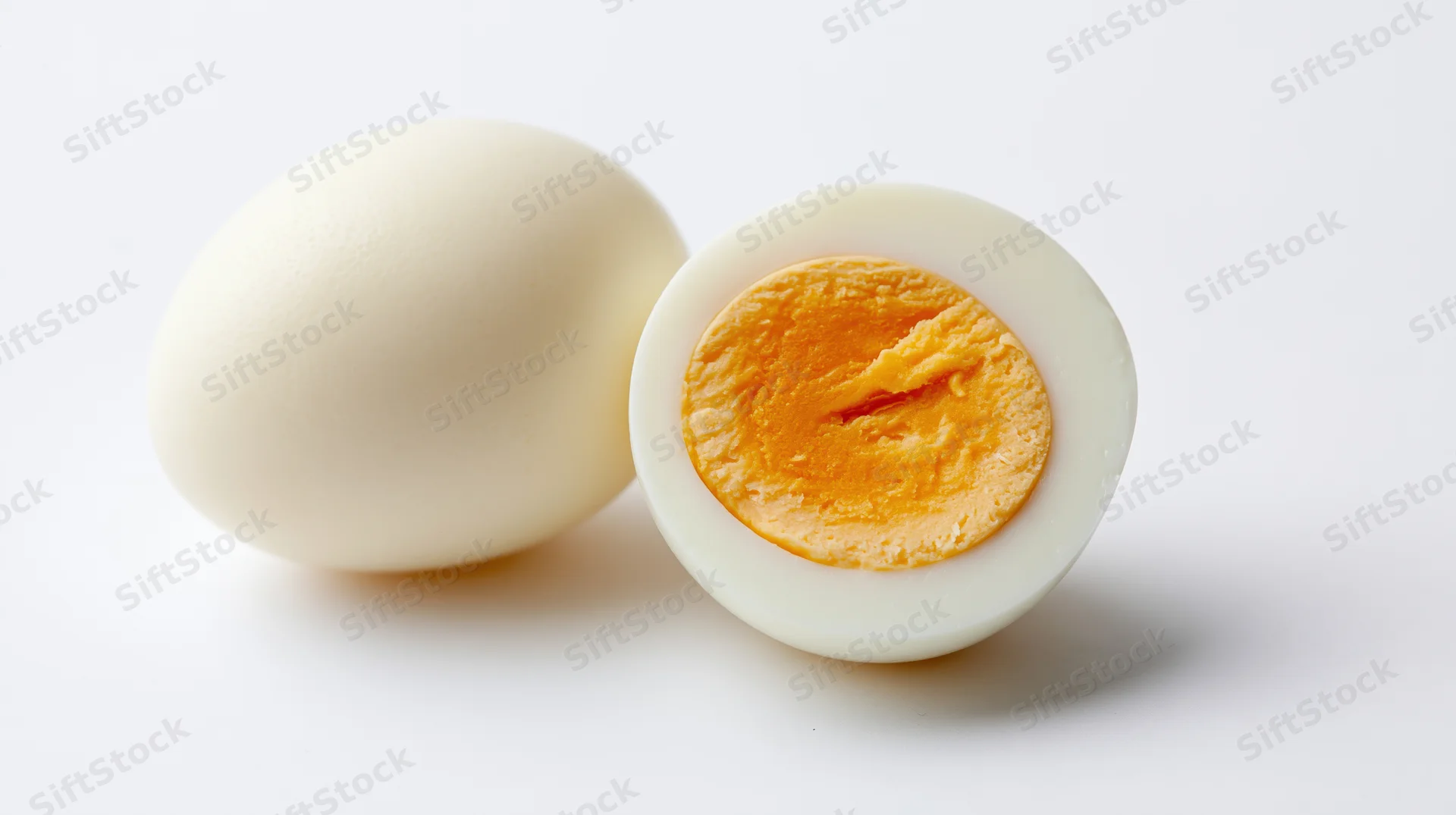 Two peeled hard-boiled eggs on a white surface, one whole and one halved showing the yolk