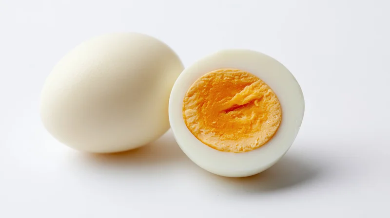 Two peeled hard-boiled eggs on a white surface, one whole and one halved showing the yolk