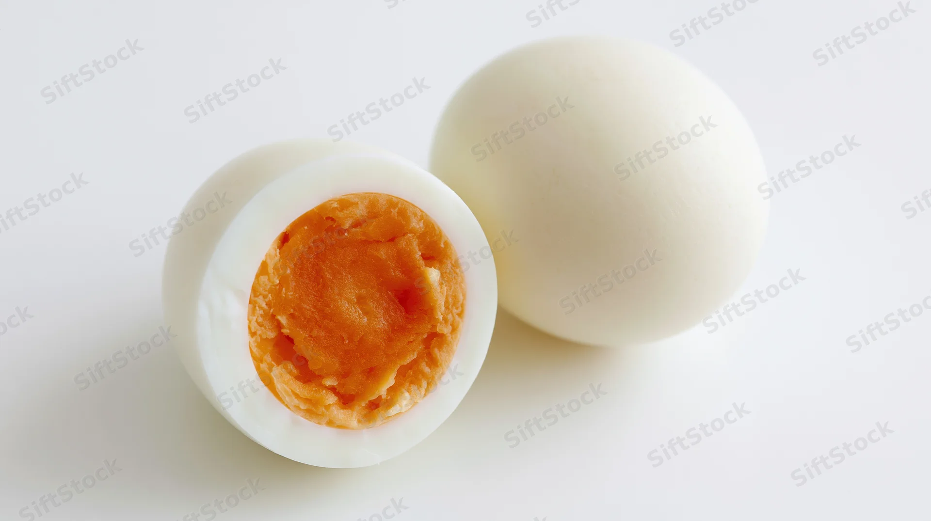 Two peeled hard-boiled eggs one whole and one halved on a plain white surface