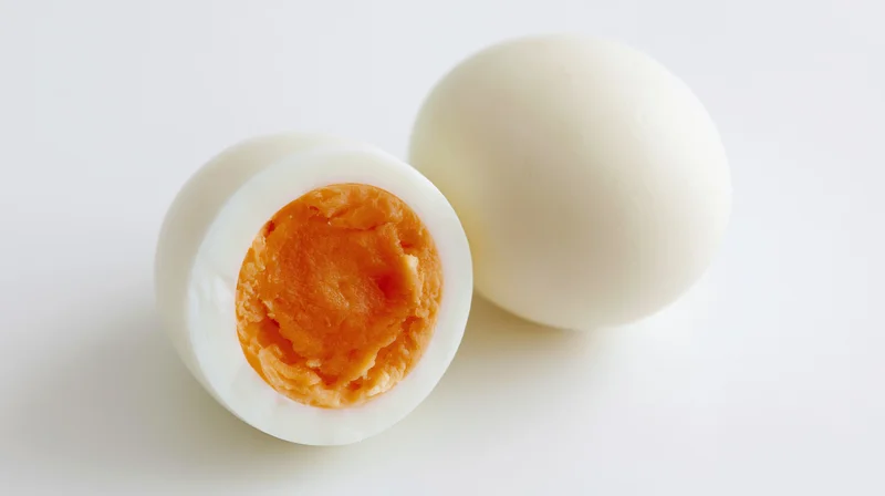 Two peeled hard-boiled eggs one whole and one halved on a plain white surface