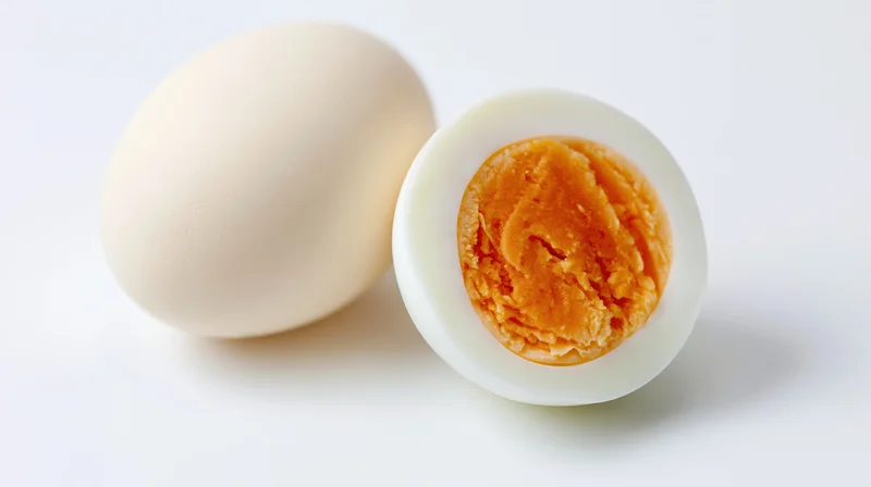 Two peeled hard-boiled eggs on a white surface, one whole and one halved showing the yolk