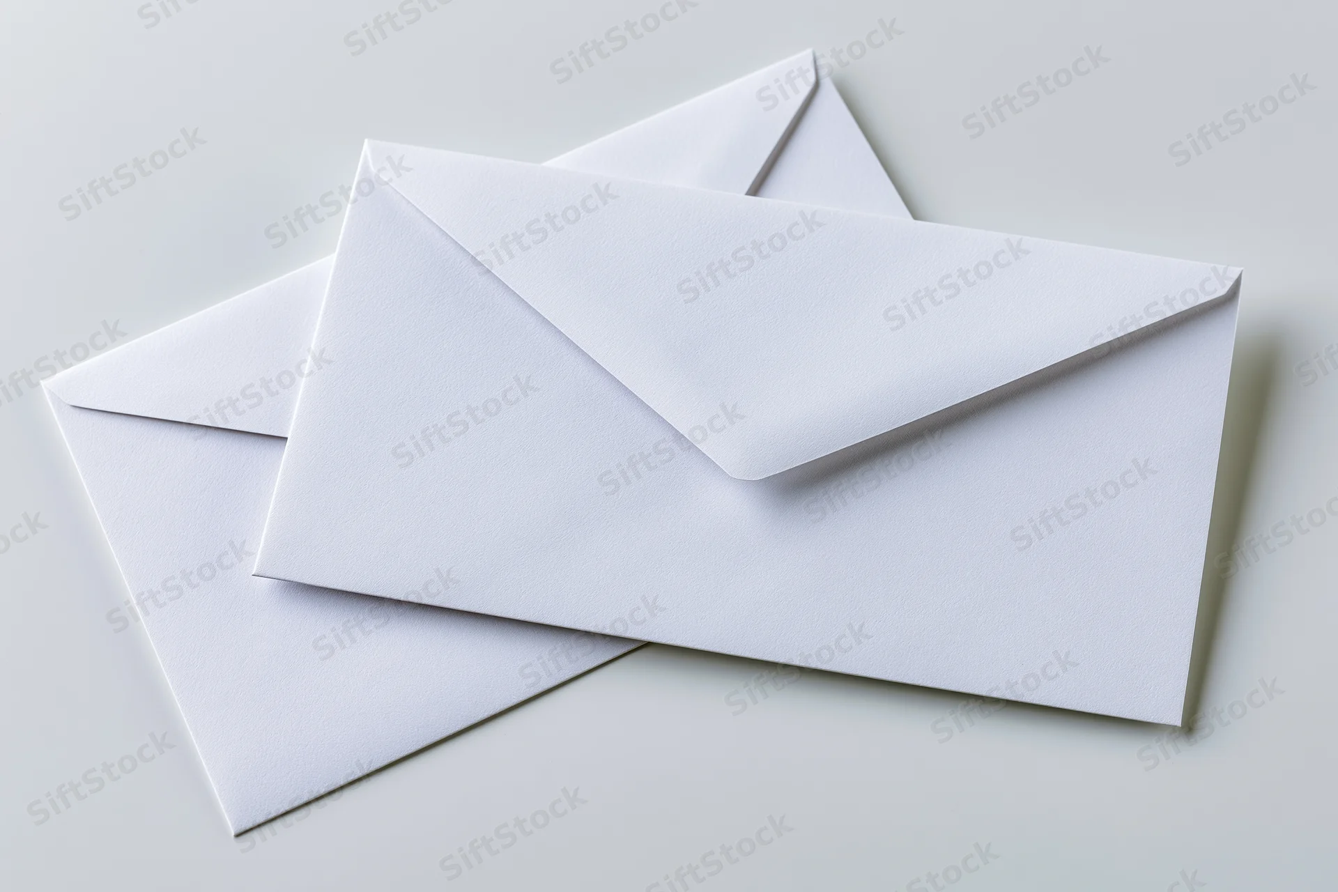 Two plain white business envelopes stacked at a slight angle on a light surface