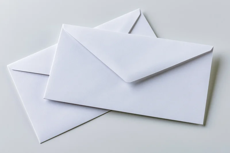 Two plain white business envelopes stacked at a slight angle on a light surface