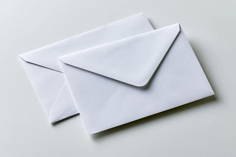 Two plain white business envelopes stacked at a slight angle on a light surface