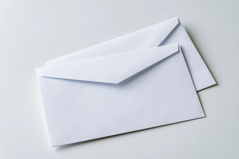 Two plain white business envelopes stacked at a slight angle on a light surface