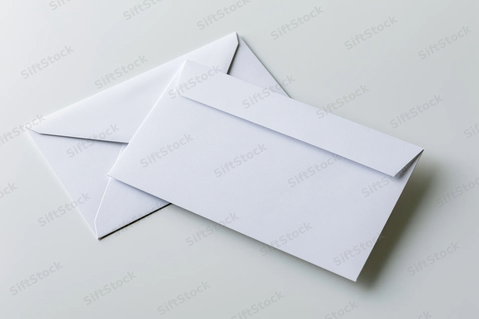 Two plain white business envelopes stacked at a slight angle on a light surface
