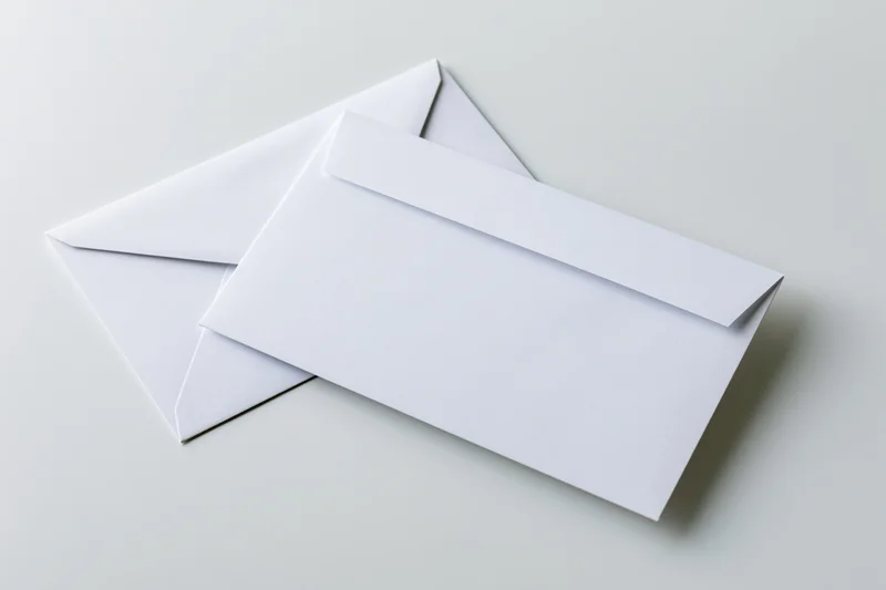 Two plain white business envelopes stacked at a slight angle on a light surface