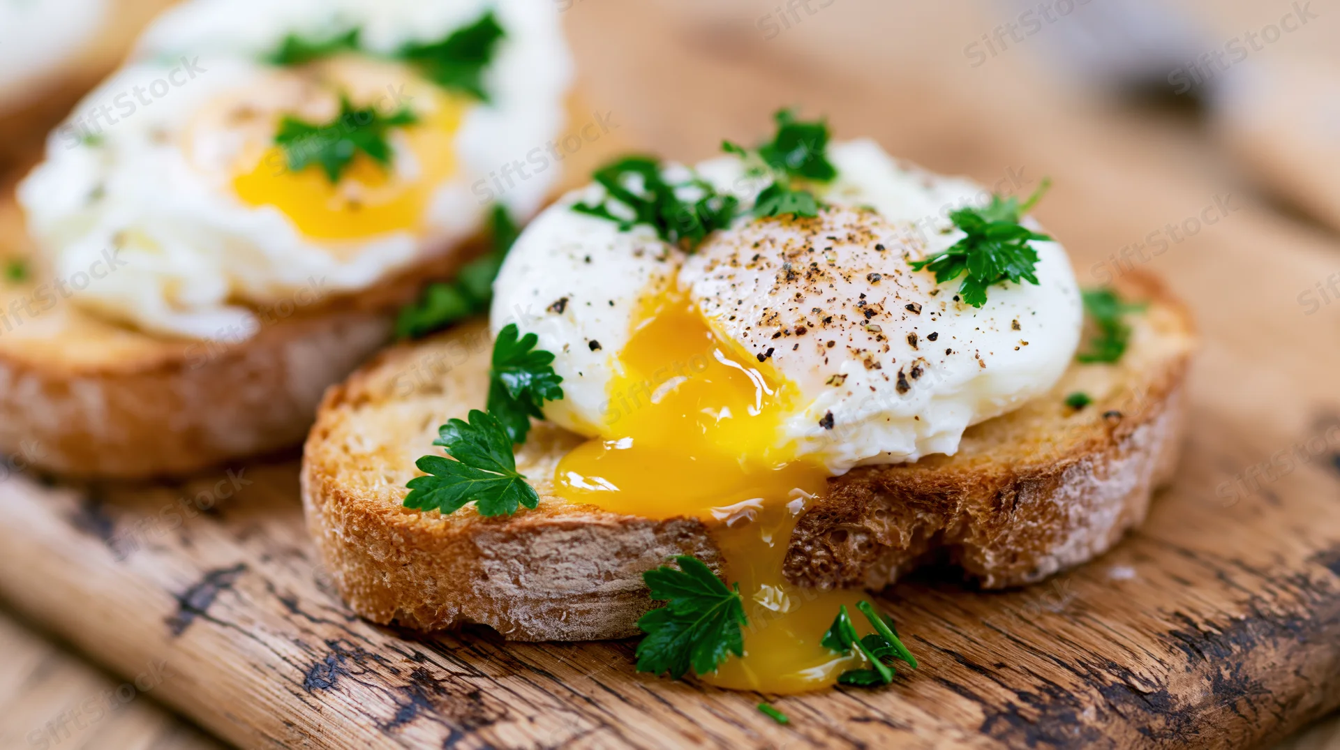 Poached eggs on toasted bread slices with parsley and pepper on a wooden cutting board