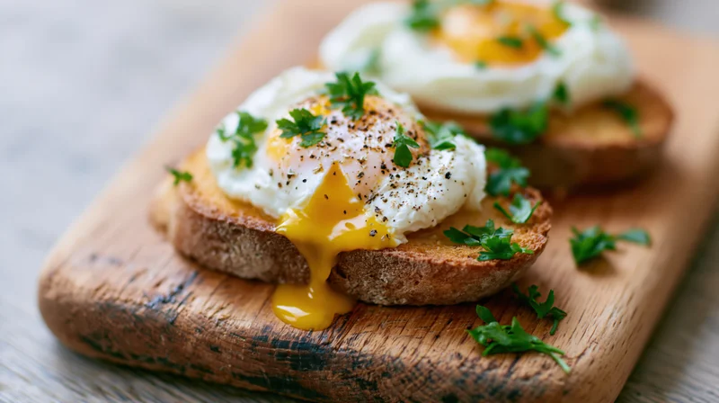 Poached eggs on toasted bread slices served on a worn wooden board with parsley and pepper