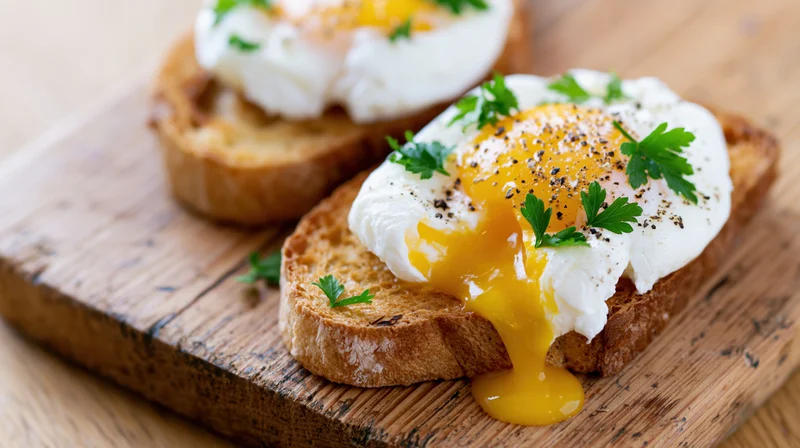 Poached eggs on toasted bread slices served on a wooden cutting board