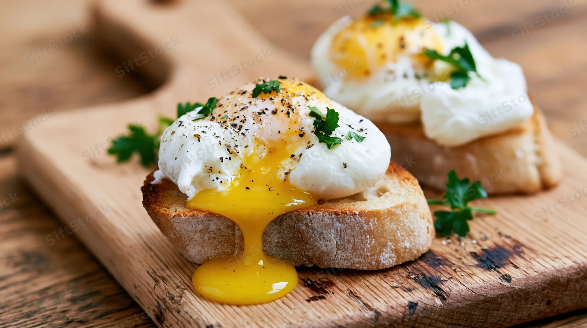 Poached eggs on toasted bread slices served on a worn wooden board with parsley and pepper