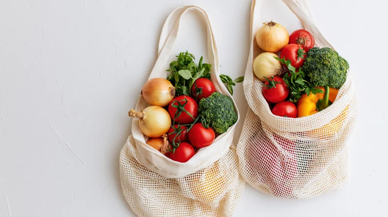Two reusable mesh cotton tote bags filled with fresh vegetables arranged on a white surface