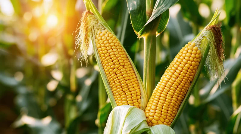Two ripe yellow corn ears on stalk with husks peeled in a sunlit field