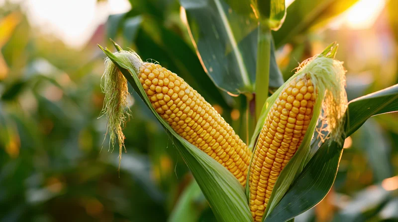 Two ripe yellow ears of corn on the stalk with husks peeled back in a sunlit field