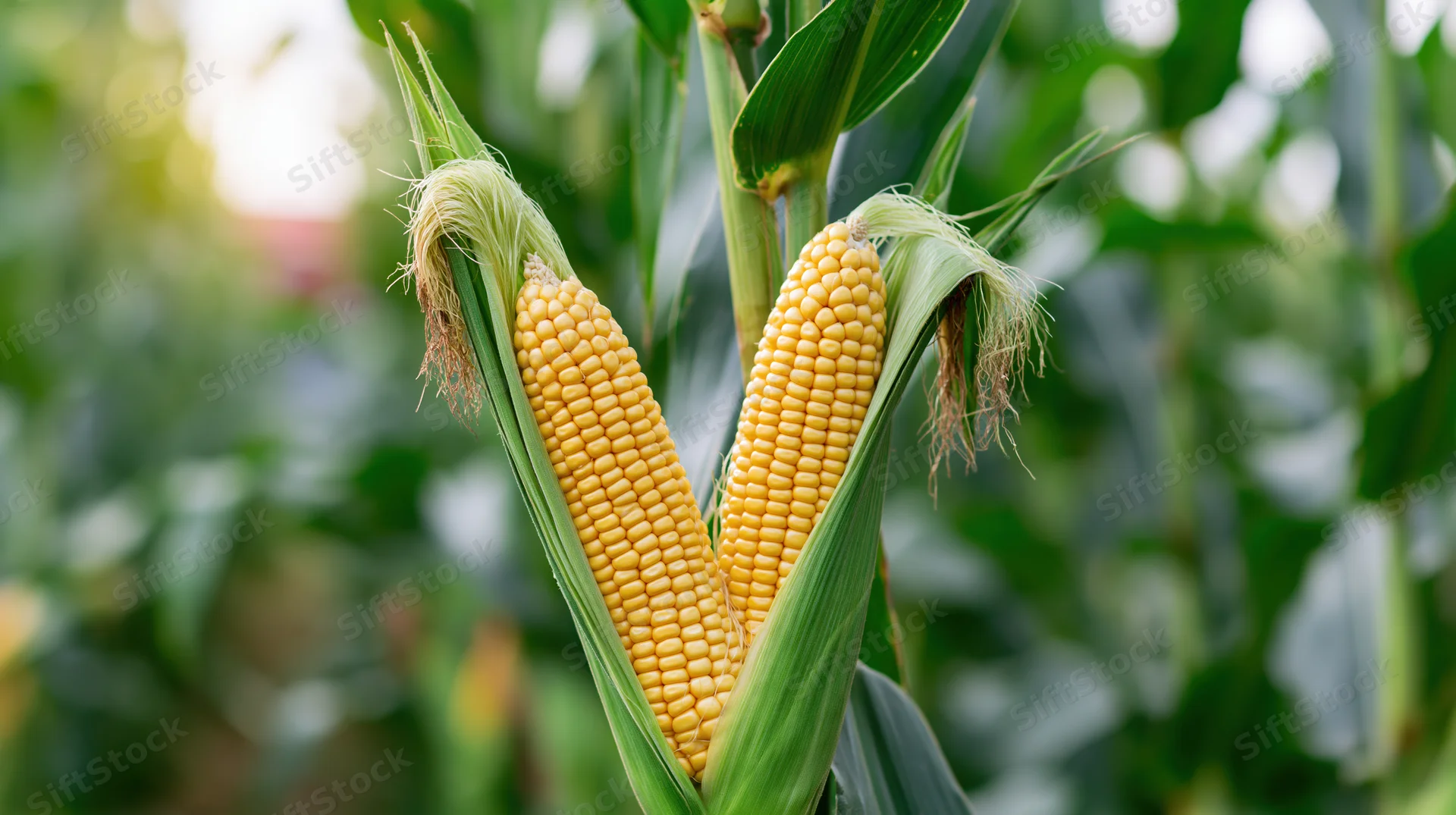 Two ripe yellow corn ears on stalk with husks peeled back in a green field