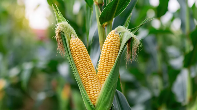 Two ripe yellow corn ears on stalk with husks peeled back in a green field