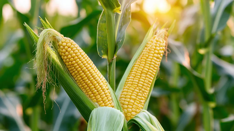 Two ripe yellow corn ears on stalk with husks peeled in a sunlit field