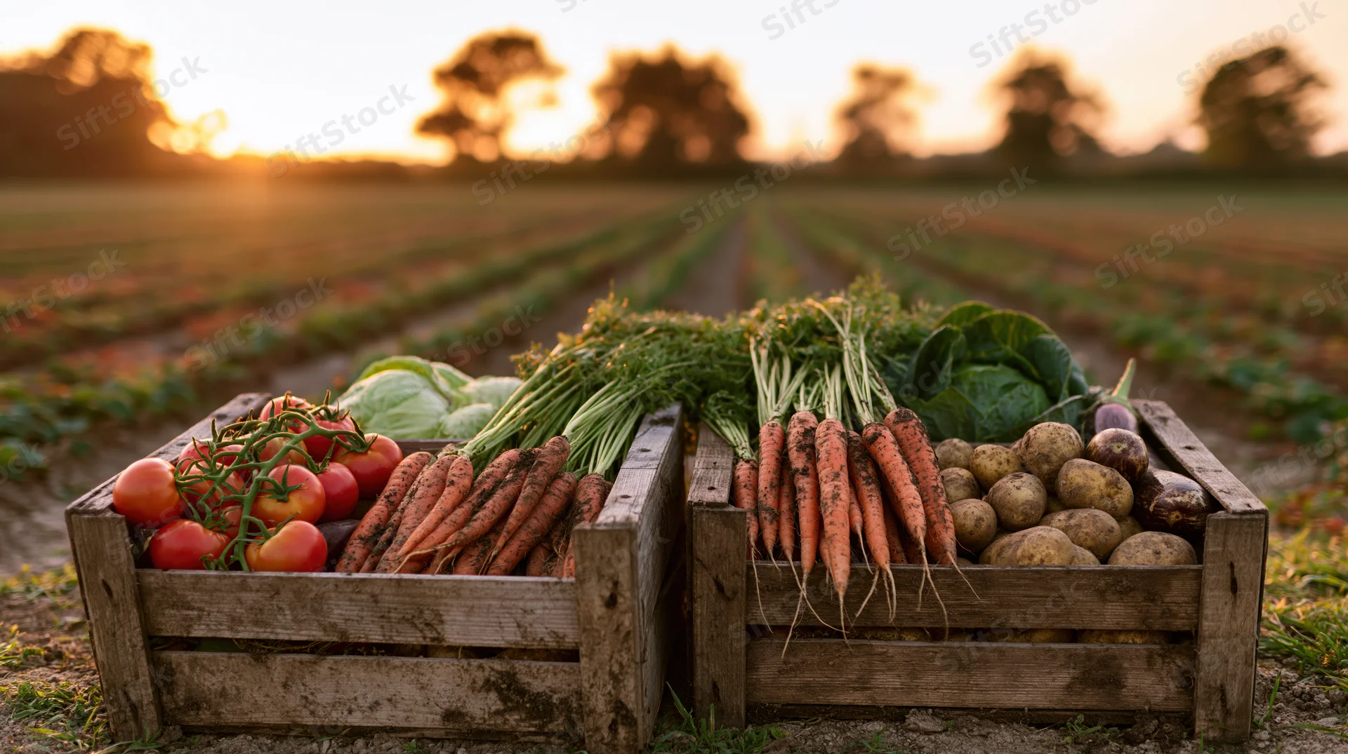 Two wooden crates filled with freshly harvested vegetables in a farm field at sunset