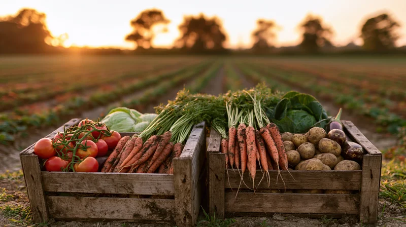 Two wooden crates filled with freshly harvested vegetables in a farm field at sunset
