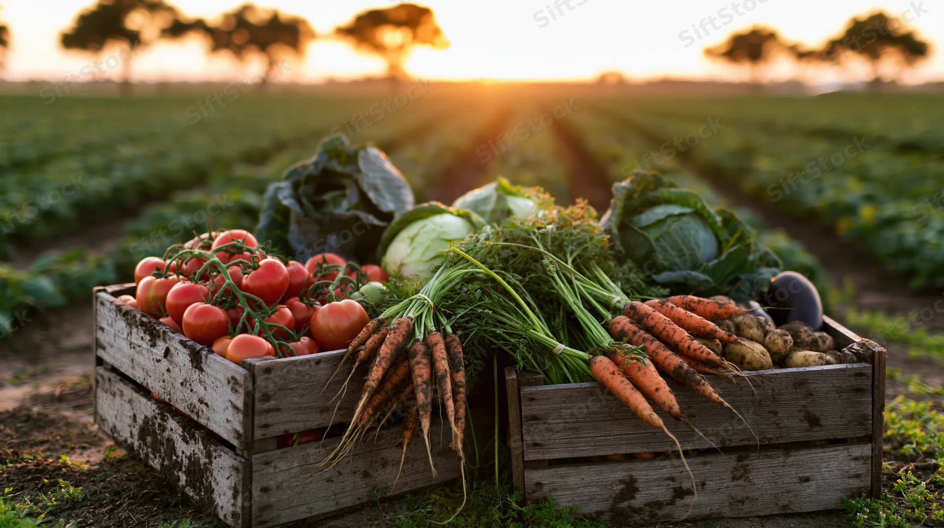Two wooden crates filled with freshly harvested vegetables in a field at sunset