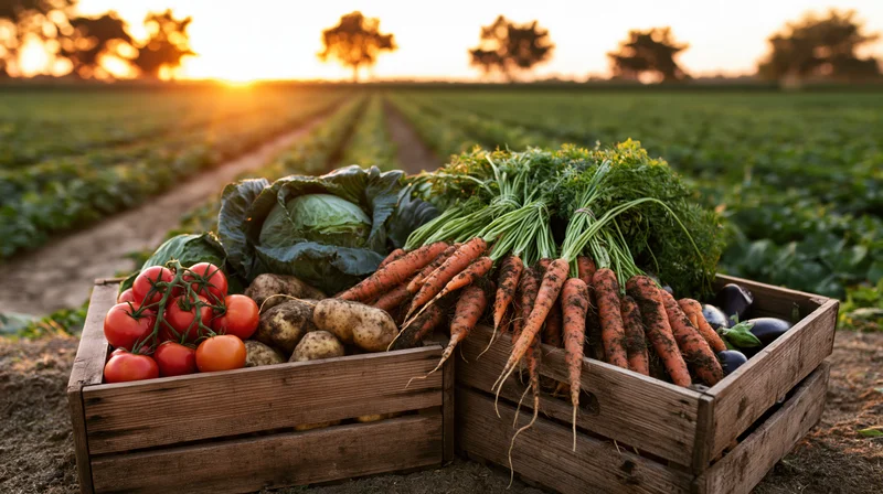 Two wooden crates filled with freshly harvested vegetables placed in a field at sunset