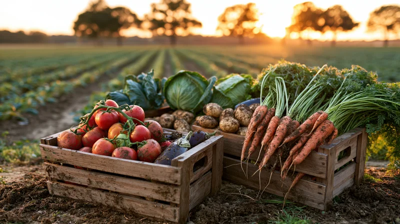 Wooden crates filled with fresh vegetables on a farm field at sunset
