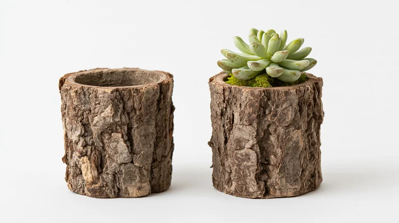 Two cylindrical tree bark planters side by side, one empty, one holding a succulent with moss, on white background