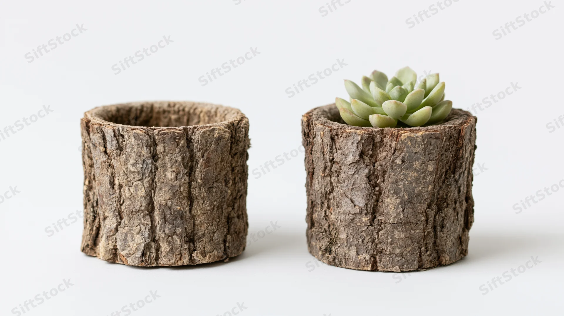 Two cylindrical tree bark planters side by side, one holding a succulent, on white background