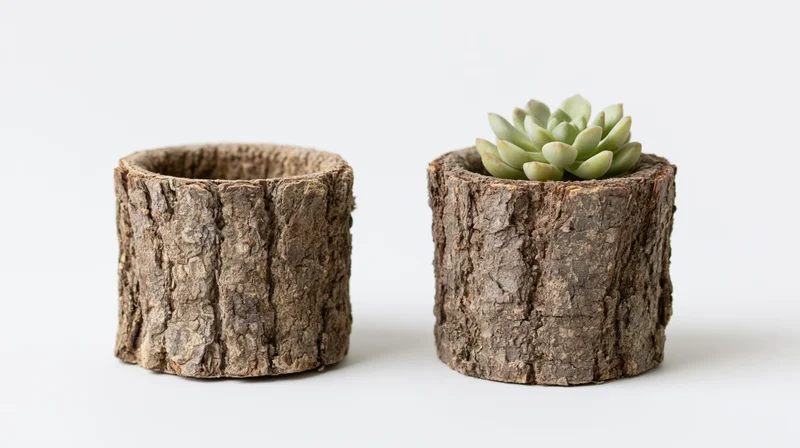 Two cylindrical tree bark planters side by side, one holding a succulent, on white background