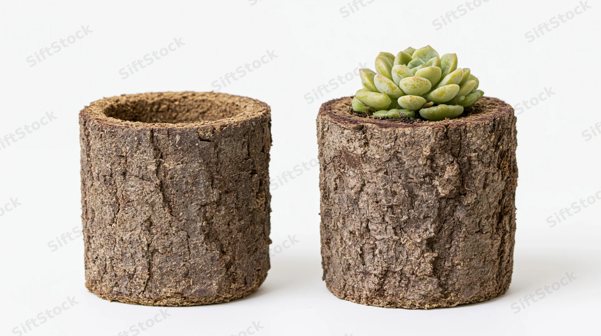 Two cylindrical bark-textured planters side by side, one holding a succulent, on white background