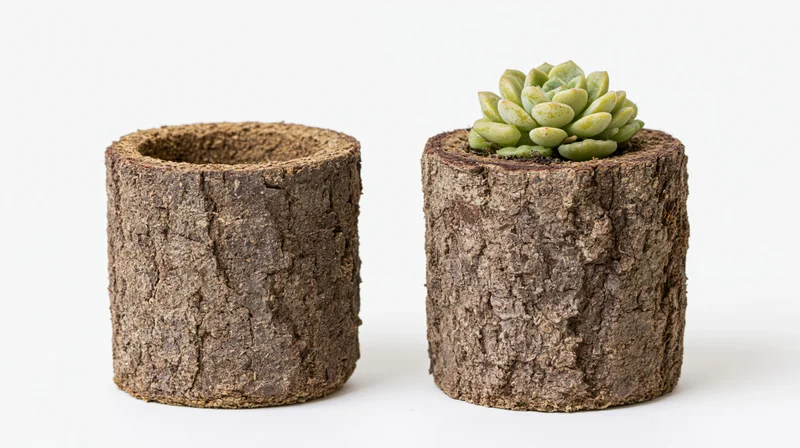 Two cylindrical bark-textured planters side by side, one holding a succulent, on white background