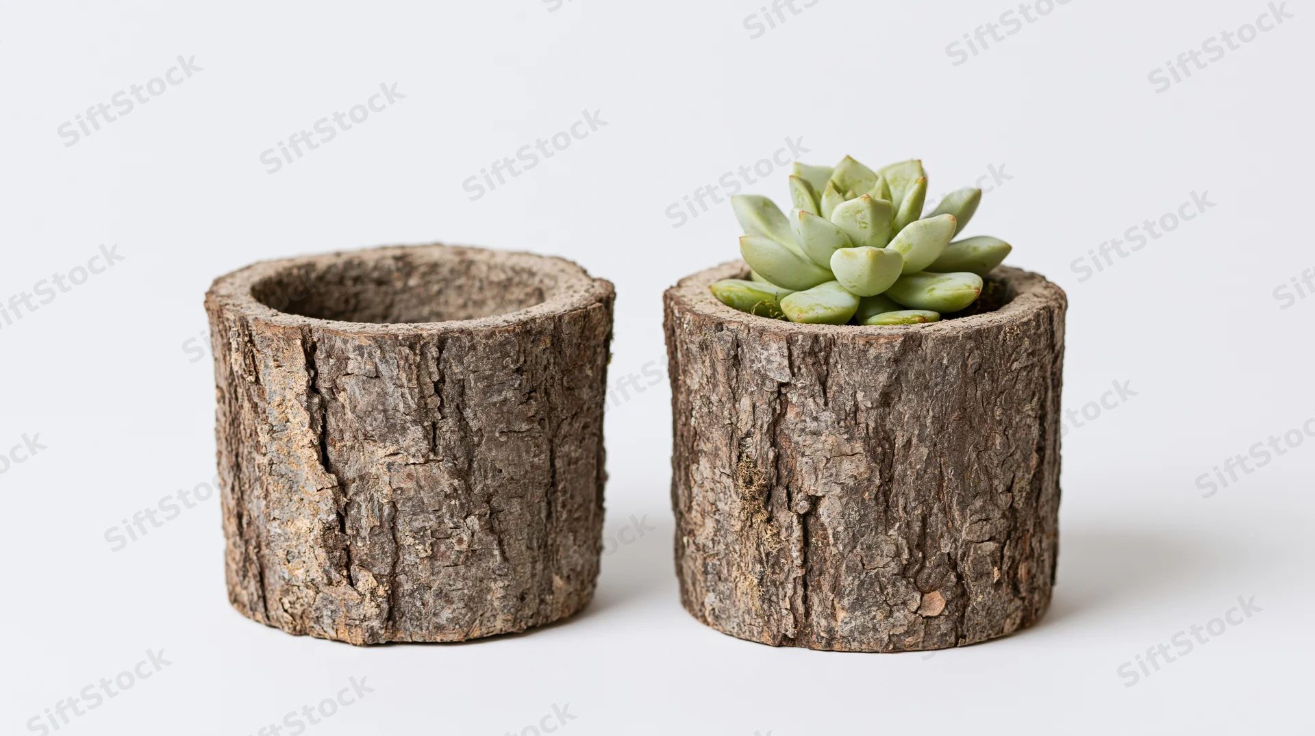 Two cylindrical tree bark planters side by side, one with a succulent, on a white background