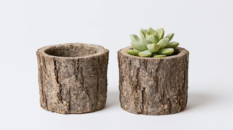 Two cylindrical tree bark planters side by side, one with a succulent, on a white background