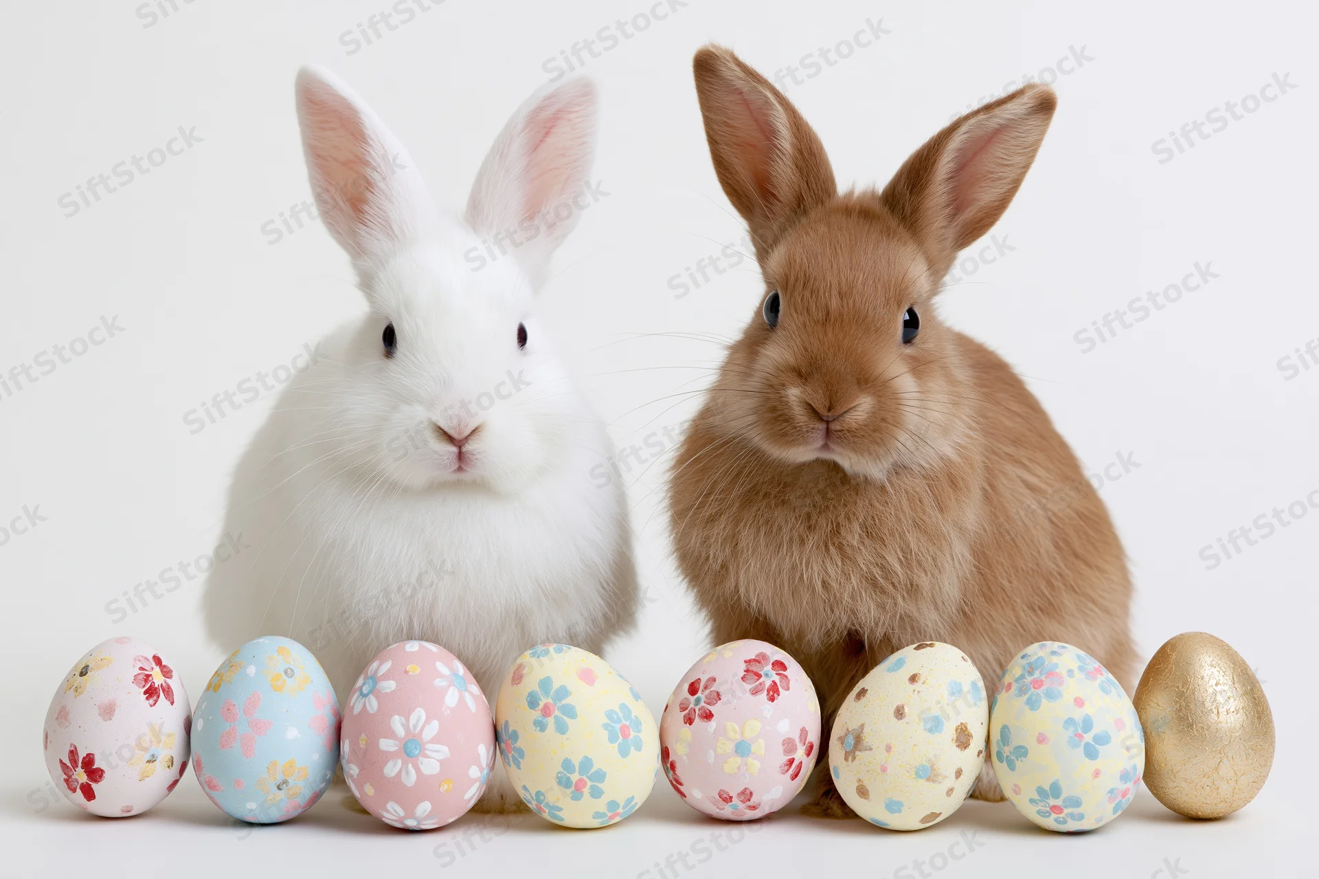 Two domestic rabbits sitting upright beside a row of decorated easter eggs on a white background