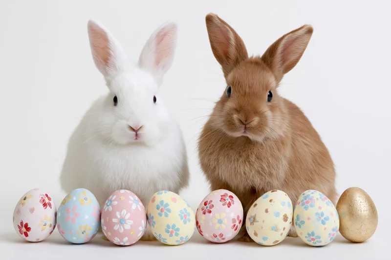 Two domestic rabbits sitting upright beside a row of decorated easter eggs on a white background